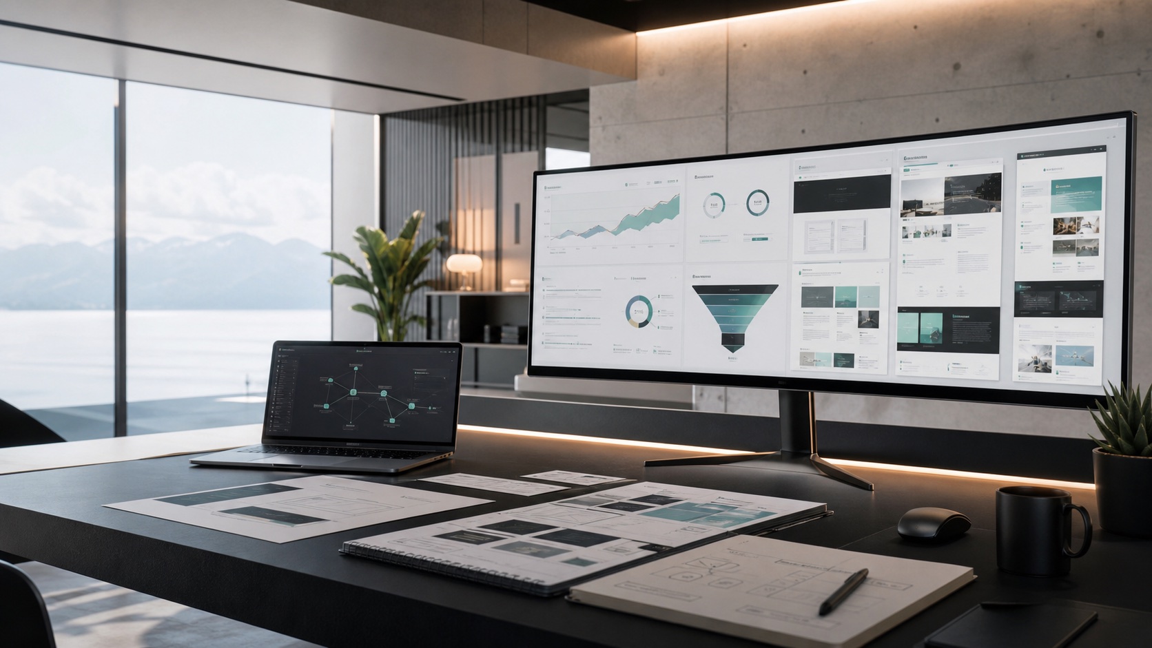 Bureau moderne avec maquettes de site web et tableaux de suivi